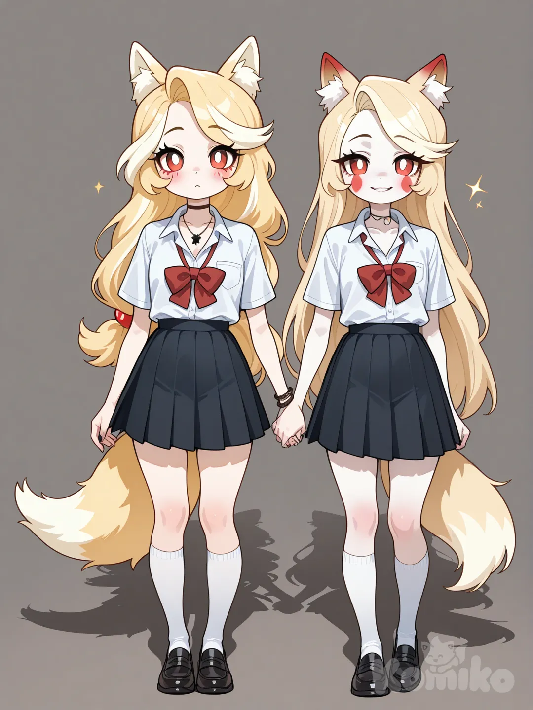 @Charlie_Magne, holding hands, 2people, @Vaggie, school uniform, necklace, fox ears, full body