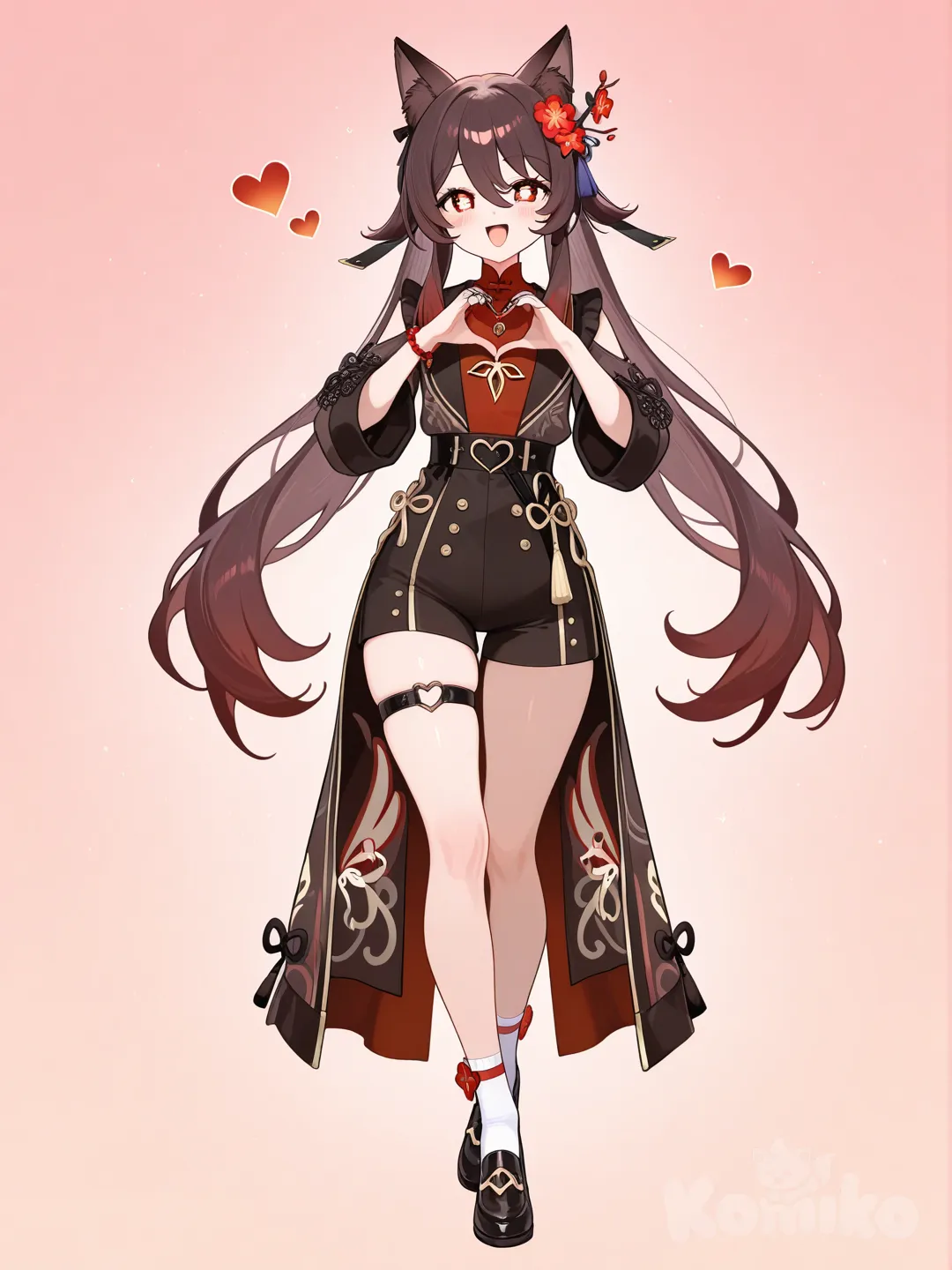 @Hu_Tao_(Genshin_Impact), heart hands, open mouth, necklace, fox ears, full body