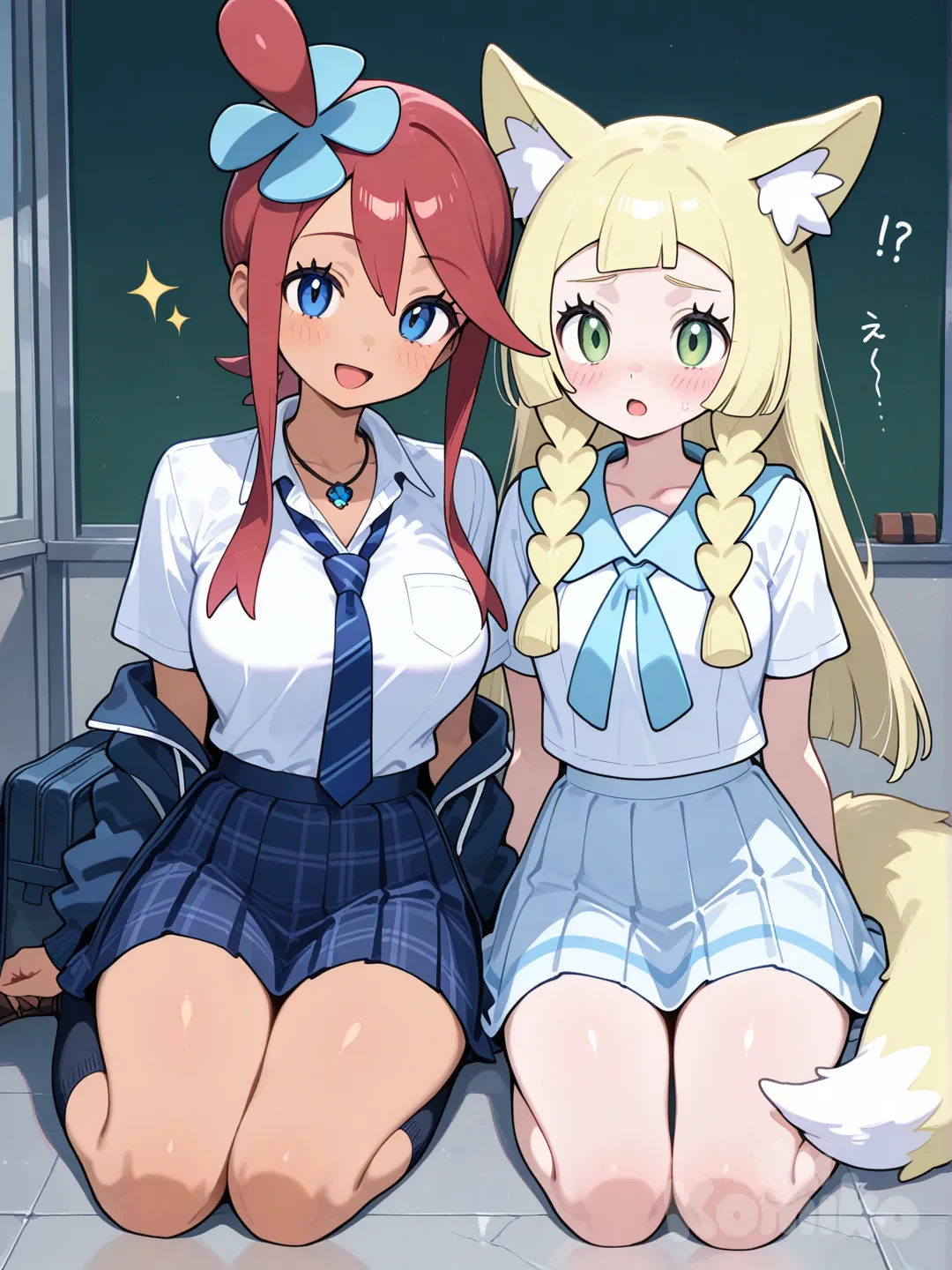 @Lillie_(Pokemon), @Skyla_(Pokemon), sitting on the ground, open mouth, school uniform, necklace, fox ears, Foxtail