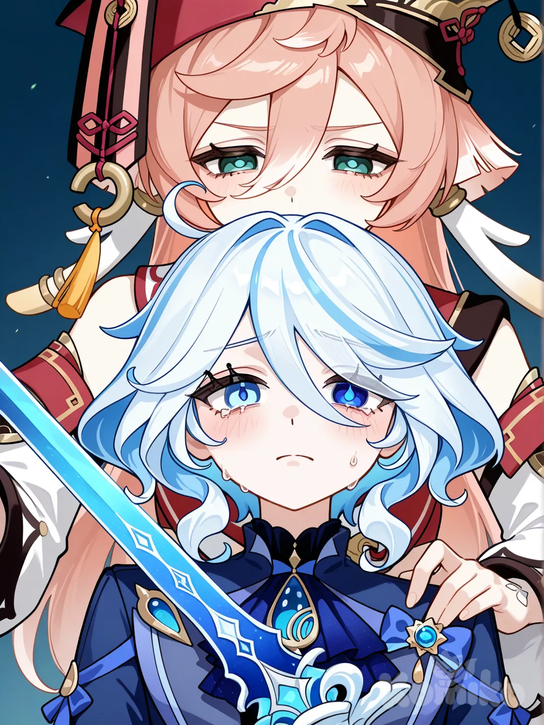 @Furina_(Genshin_Impact), holding sword, @Yanfei_(Genshin_Impact), depressed