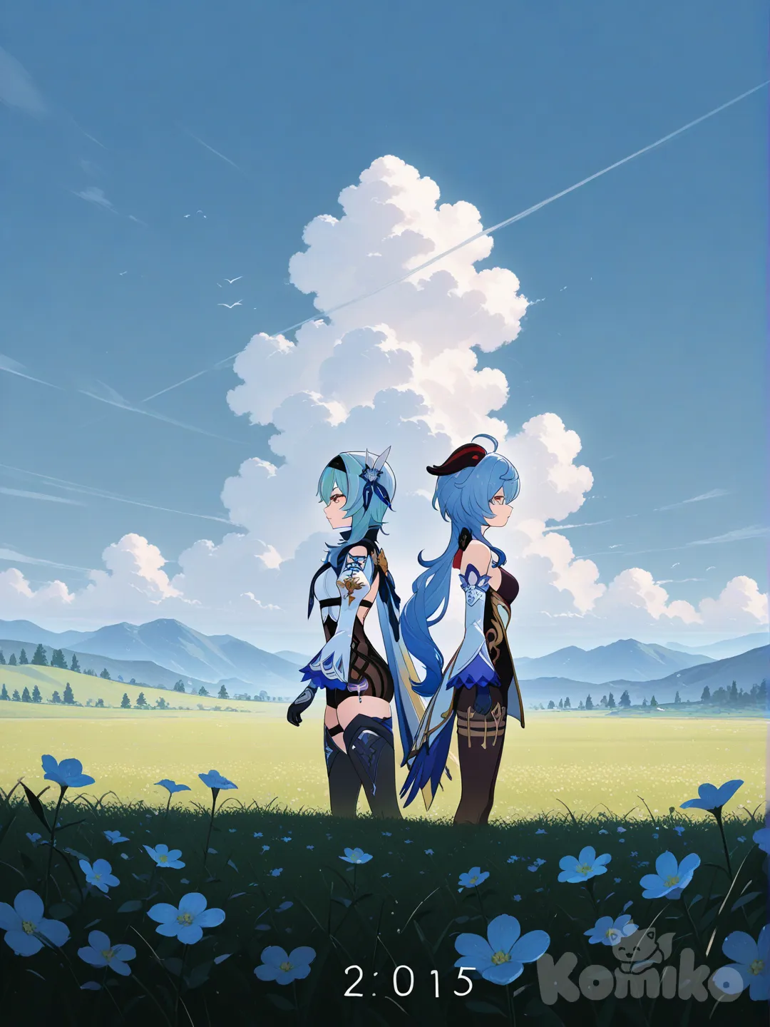 @Ganyu_(Genshin_Impact), @Eula_(Genshin_Impact), back to back, side profile photo, field