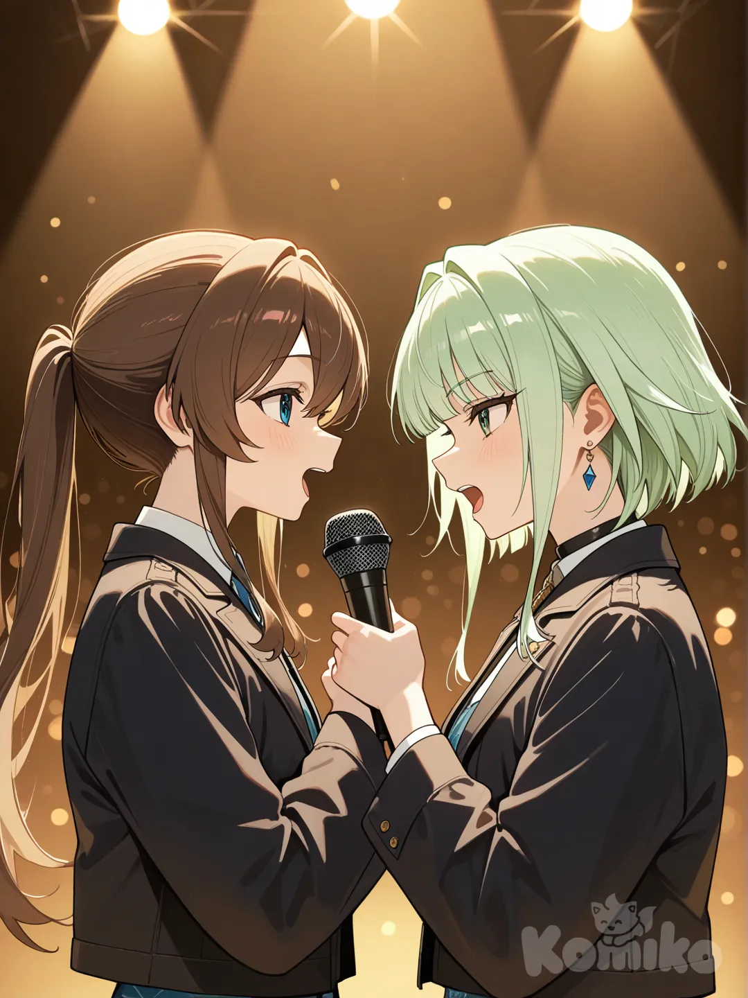 @Kal'Tsit_(Arks), @Amiya_(Arks), singing, blurred background, side profile photo, stage light