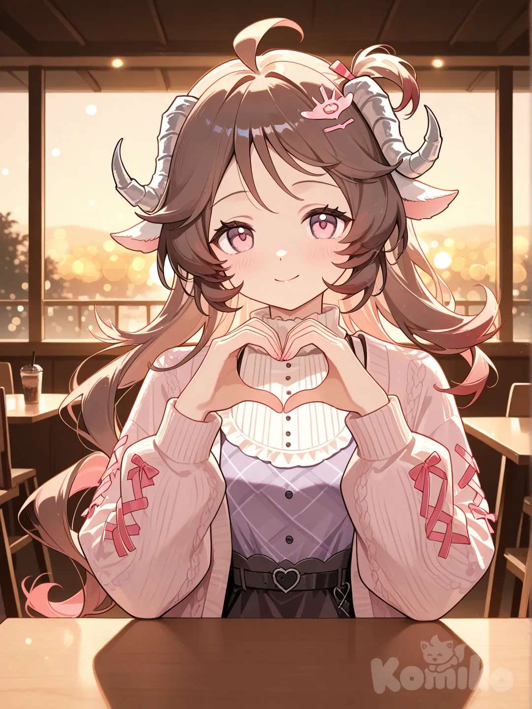 @Eyjafjalla_(Arknights), heart hands, knitted cardigan, looking at viewer, twilight, cafe