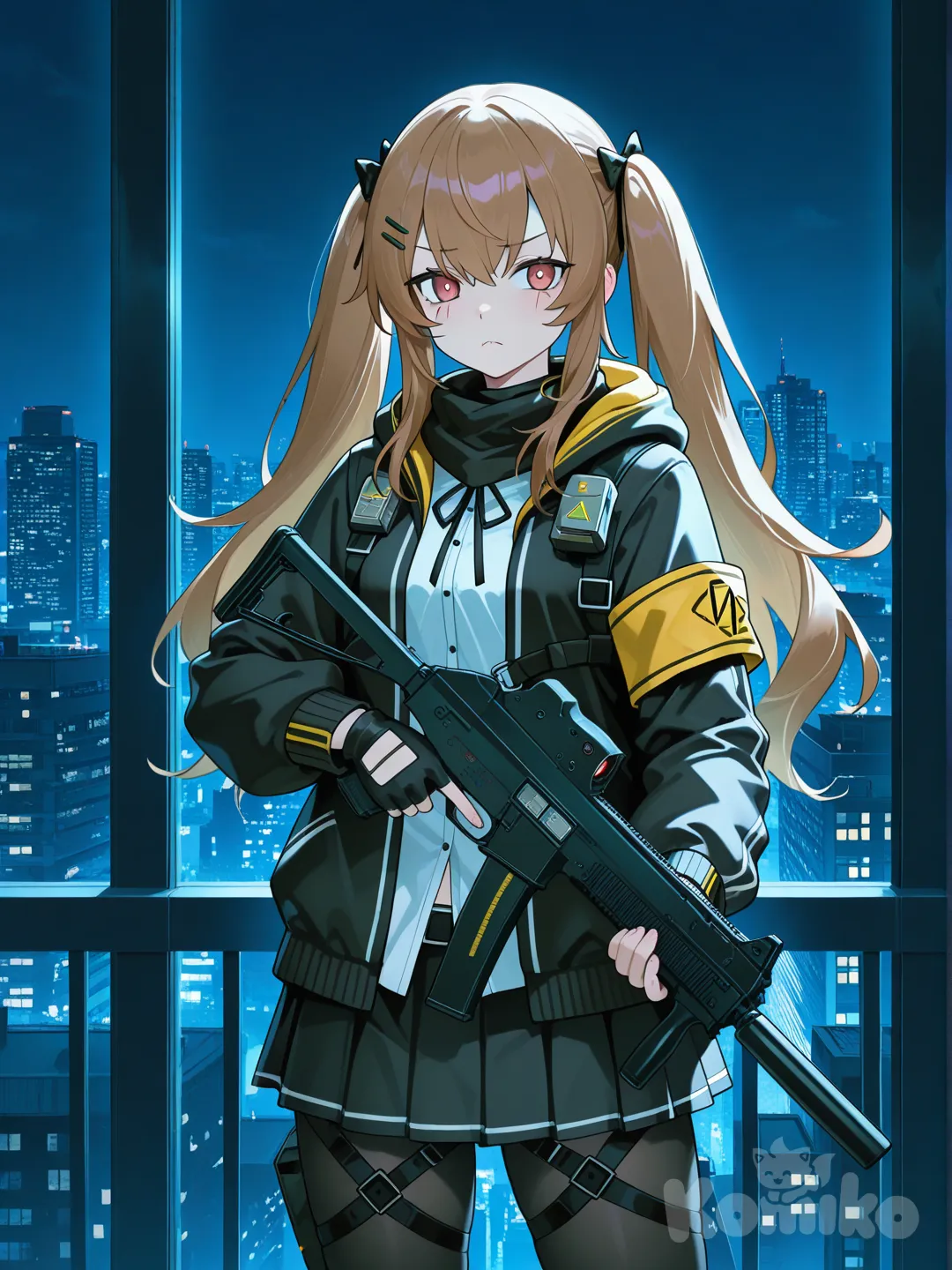 @Ump9_(Girls'_Frontline), holding gun, frown, cowboy shot, cinematic lighting, skyscraper