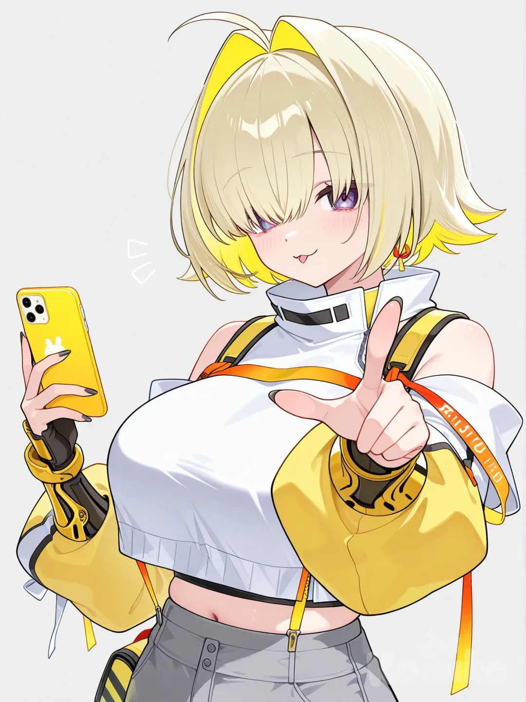 @Elegg_(Nikke), looking at phone, pointing at viewer, overalls, looking at viewer