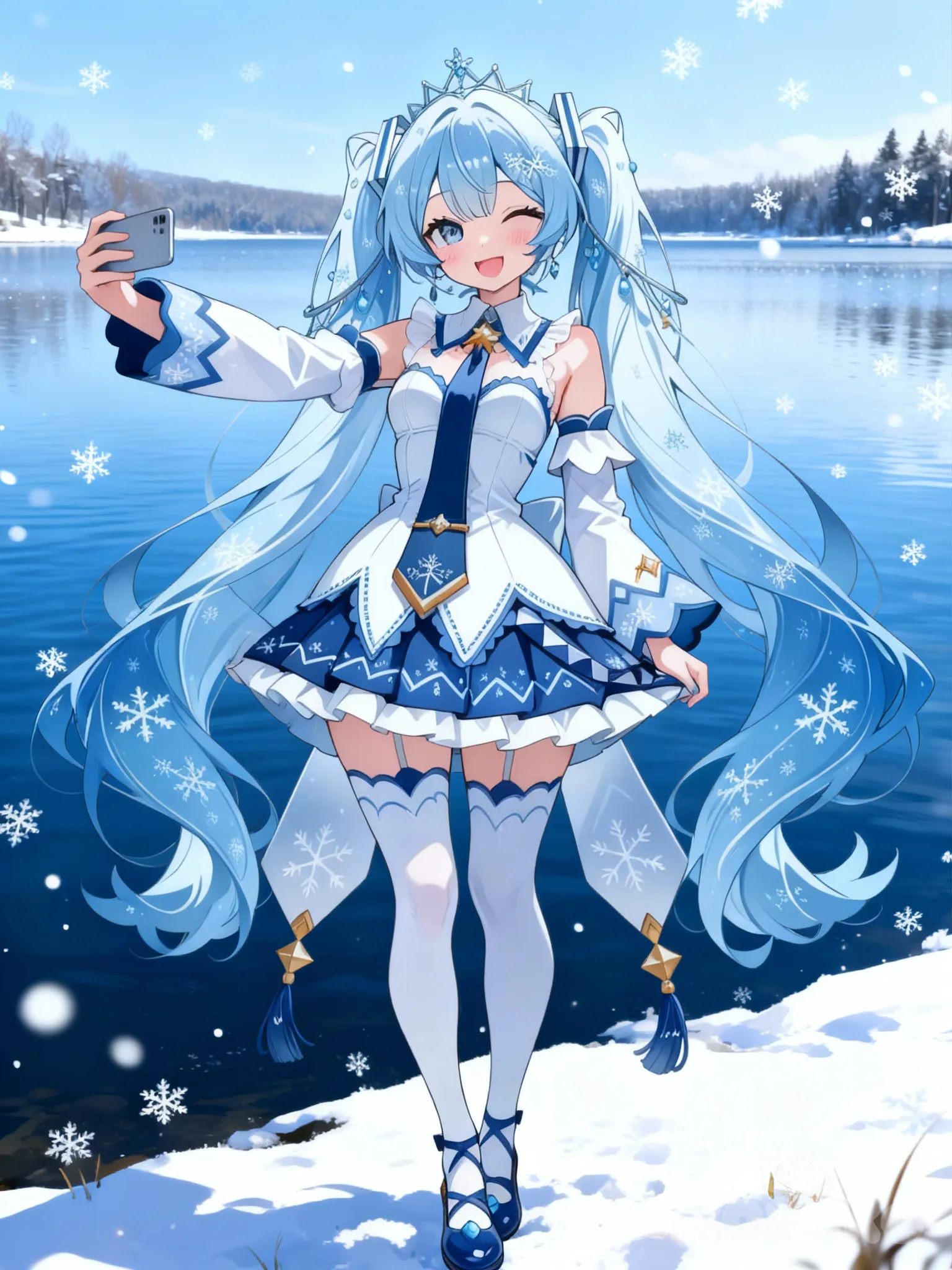 @Yuki_Miku, selfie, smile, snowy, lake