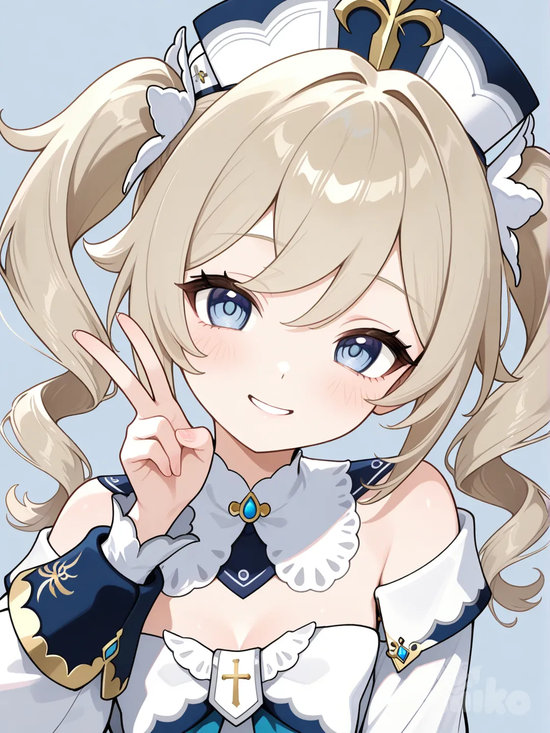 @Barbara_(Genshin_Impact), v sign, looking at viewer, head tilt