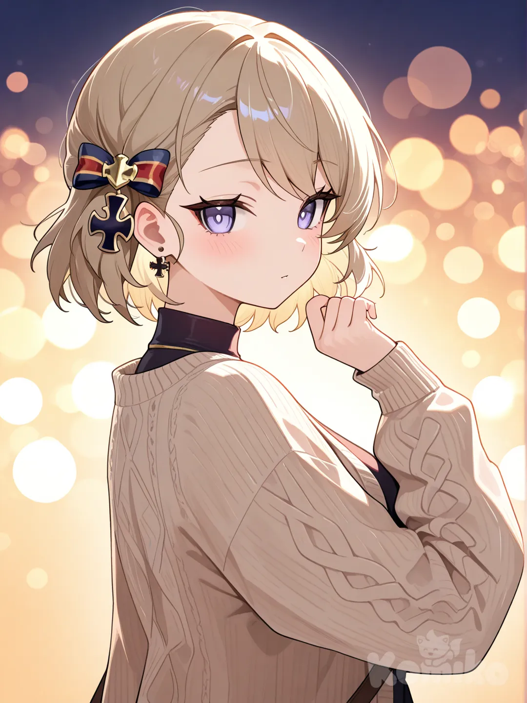 @Z23_(Azur_Lane), looking back, knitted cardigan, blurred background