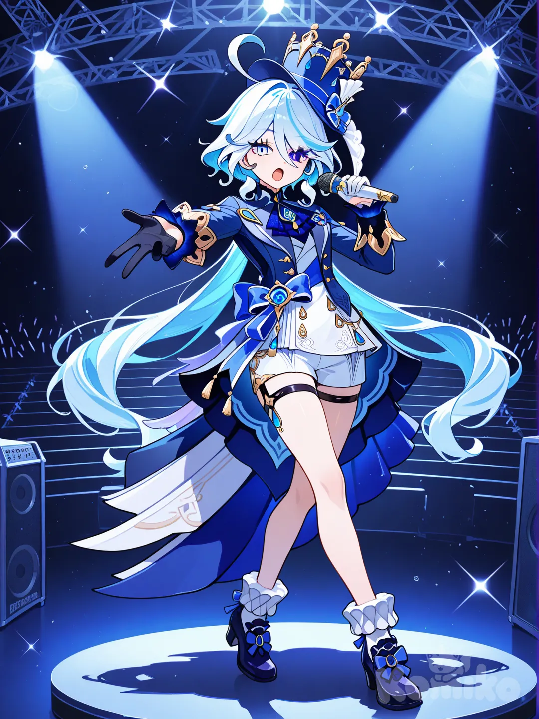 @Furina_(Genshin_Impact), singing, dancing, full body, stage light