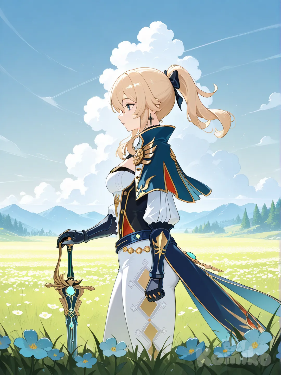 @Jean_(Genshin_Impact), holding sword, side profile photo, field