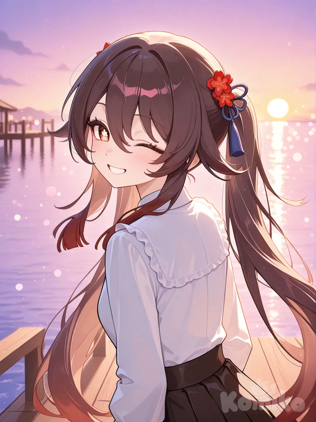 @Hu_Tao_(Genshin_Impact), looking back, one eye closed, laughing, looking at viewer, blurred background, pier, twilight