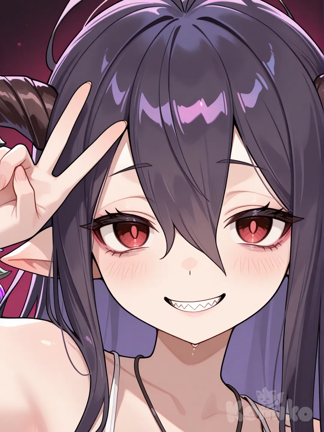 @Danua, v sign, evil smile, looking at viewer