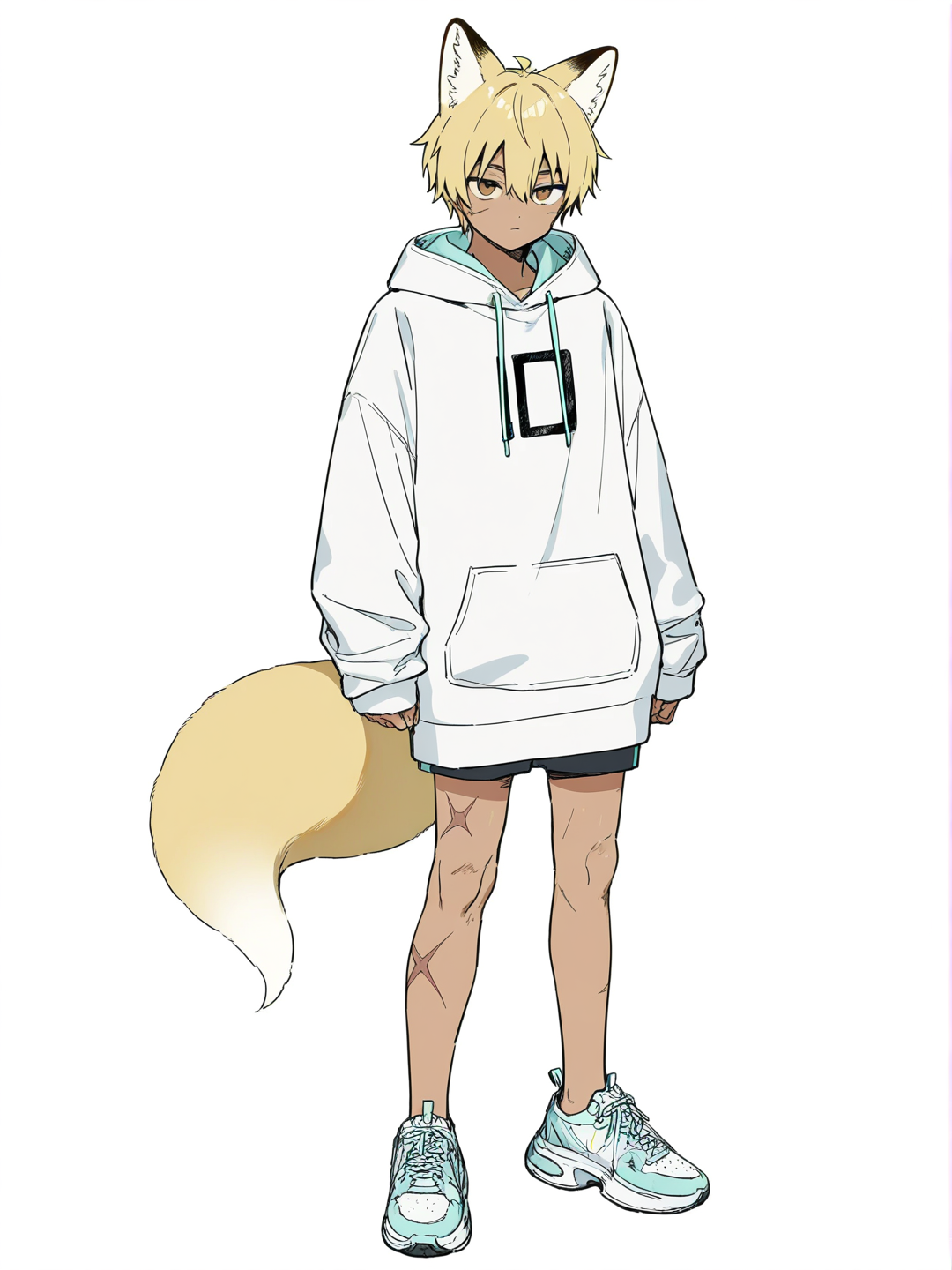 [soft-pastel-style] 1boy, mature, muscular, tall, brown_eyes, scar, tan_skin, hoodie, fox_ears, single character, full body, looking at viewer, anime style, simple background, white background