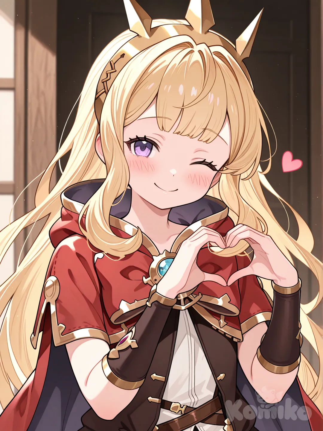@Cagliostro_(Granblue_Fantasy), heart hands, one eye closed, smile, blush, blurred background
