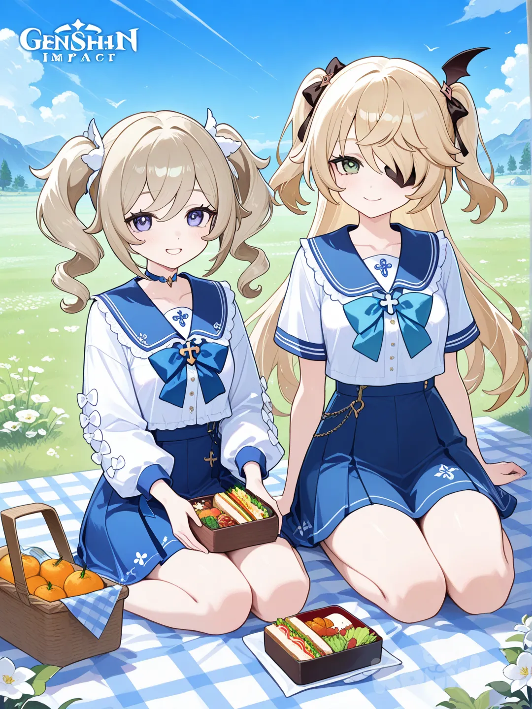 @Fischl_(Genshin_Impact), @Barbara_(Genshin_Impact), picnic, field