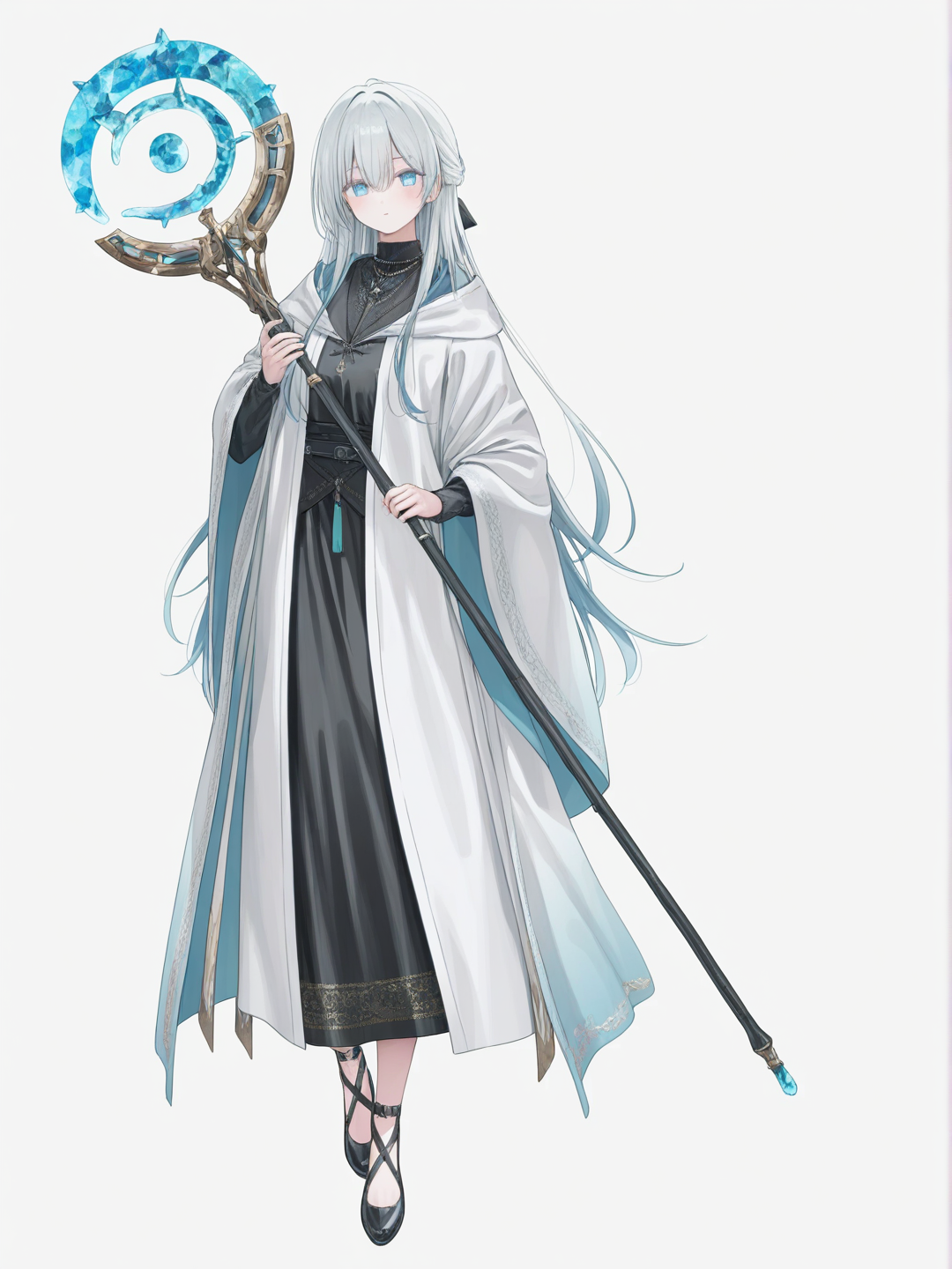 [soft-pastel-style] 1girl, mature_female, scrawny, silver_hair, long_hair, blue_eyes, robe, holding_staff, single character, full body, looking at viewer, anime style, simple background, white background