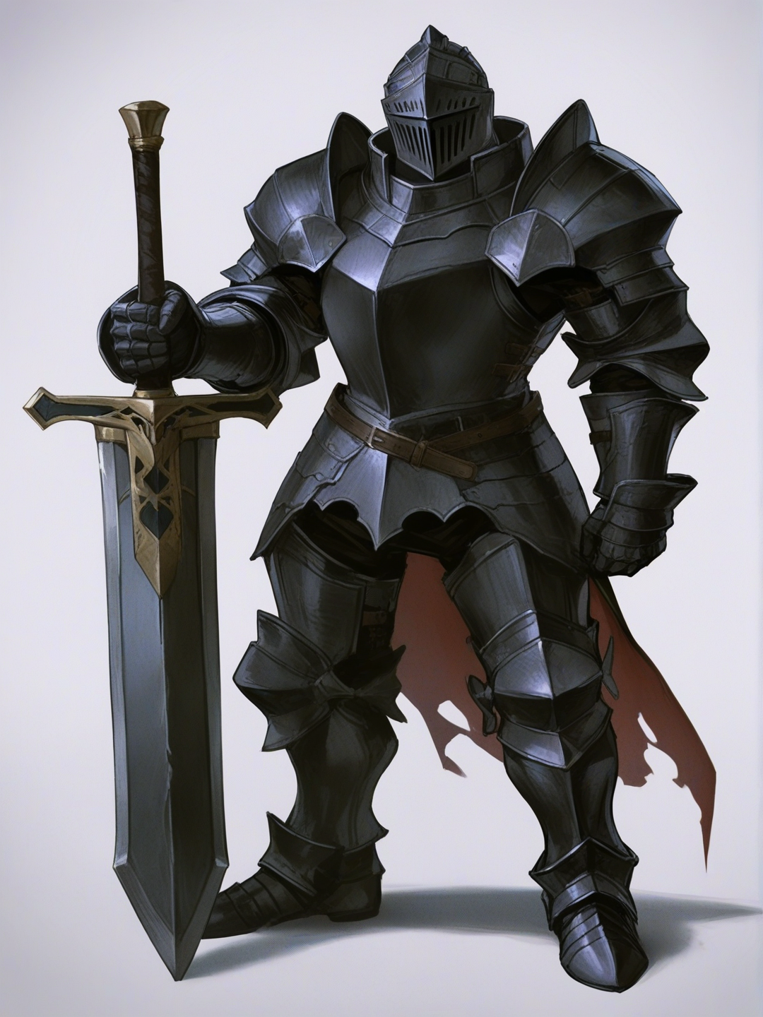 [semi-realistic-portrait-style] 1girl, bulky, knight, dark armor, holding greatsword, greatsword planted on ground, ominous atmosphere, hidden body, a-pose, arms spread, standing, single character, full body, looking at viewer, anime style, simple background, white background