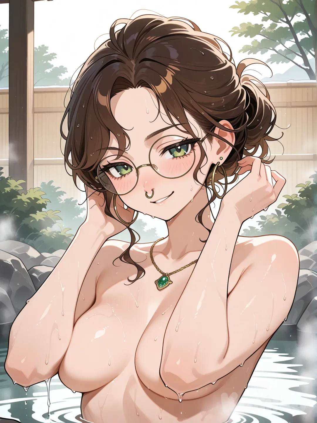 @ilia-Zcwc, nude, smirk, updo, upper body, onsen, showing breasts, medium breasts, hands in hair