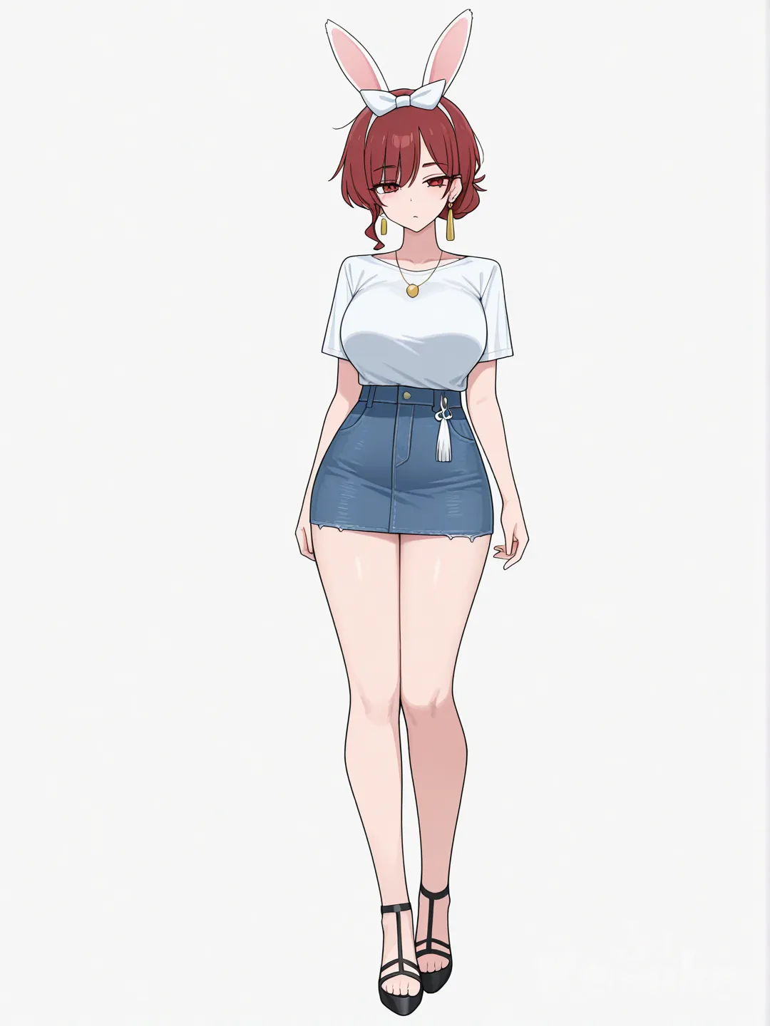 [toon-shaded-style] 1girl, soft_serve, mature female, slim, short, black hair, red hair, brown hair, red eyes, dimples, fair skin, t-shirt, denim skirt, tassels, headband, bow, earrings, necklace, rabbit ears, single character, full body, looking at viewer, anime style, simple background, white background