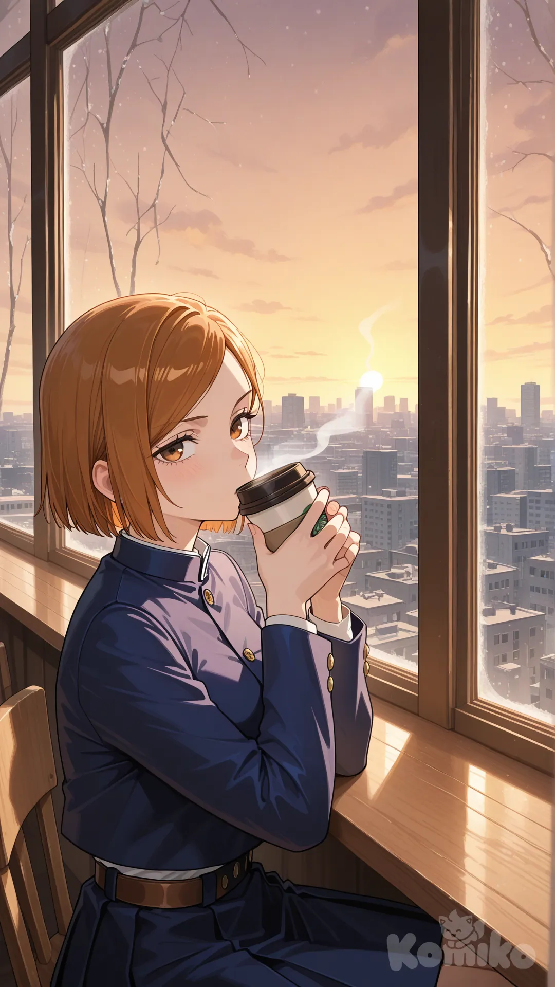 Нобара пьет кофе в кафешке