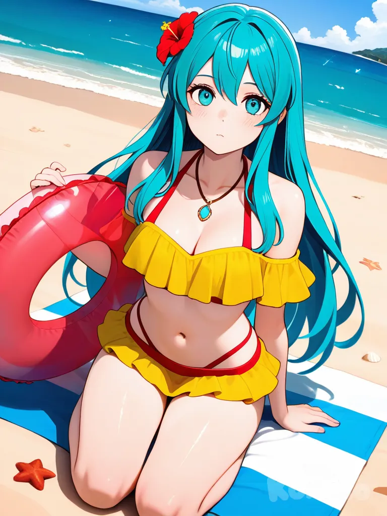 eirika (summer) (fire emblem ), fire emblem, 1girl, blue eyes, aqua eyes, aqua hair, long hair, blue hair, sidelocks, hair flower, medium breasts, cleavage, navel, collarbone, red bikini, yellow bikini, off-shoulder bikini, two-tone bikini, layered bikini, bikini skirt, bare shoulders, swim ring, necklace, curious expression, looking at viewer, full body, dutch angle, beach