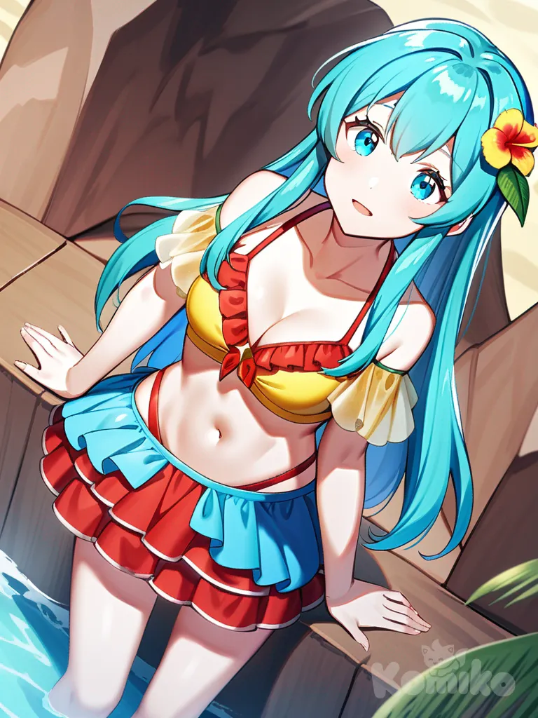 eirika (summer) (fire emblem ), fire emblem, 1girl, blue eyes, aqua eyes, aqua hair, long hair, blue hair, sidelocks, hair flower, medium breasts, cleavage, navel, collarbone, red bikini, yellow bikini, off-shoulder bikini, two-tone bikini, layered bikini, bikini skirt, bare shoulders, swim ring, necklace, curious expression, looking at viewer, full body, dutch angle, beach