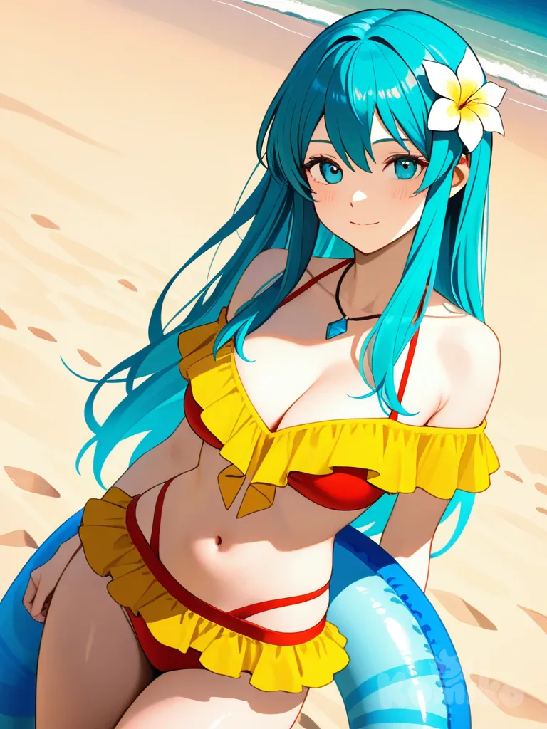 eirika (summer) (fire emblem ), fire emblem, 1girl, blue eyes, aqua eyes, aqua hair, long hair, blue hair, sidelocks, hair flower, medium breasts, cleavage, navel, collarbone, red bikini, yellow bikini, off-shoulder bikini, two-tone bikini, layered bikini, bikini skirt, bare shoulders, swim ring, necklace, full body, cowboy shot, dutch angle, beach