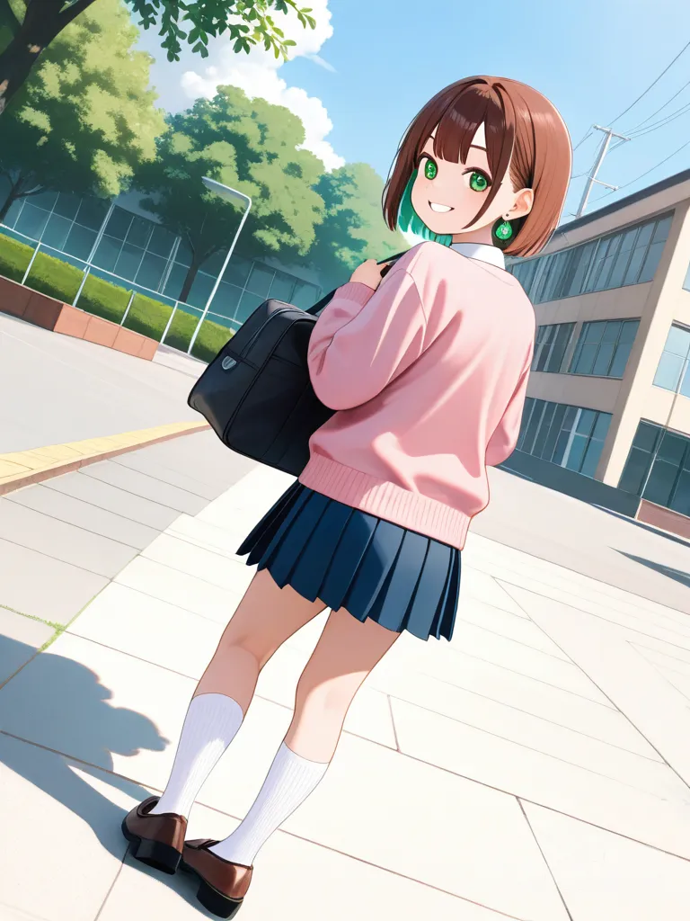 @Momo_Ayase, school, outside, looking back at viewer, happy, dutch angle