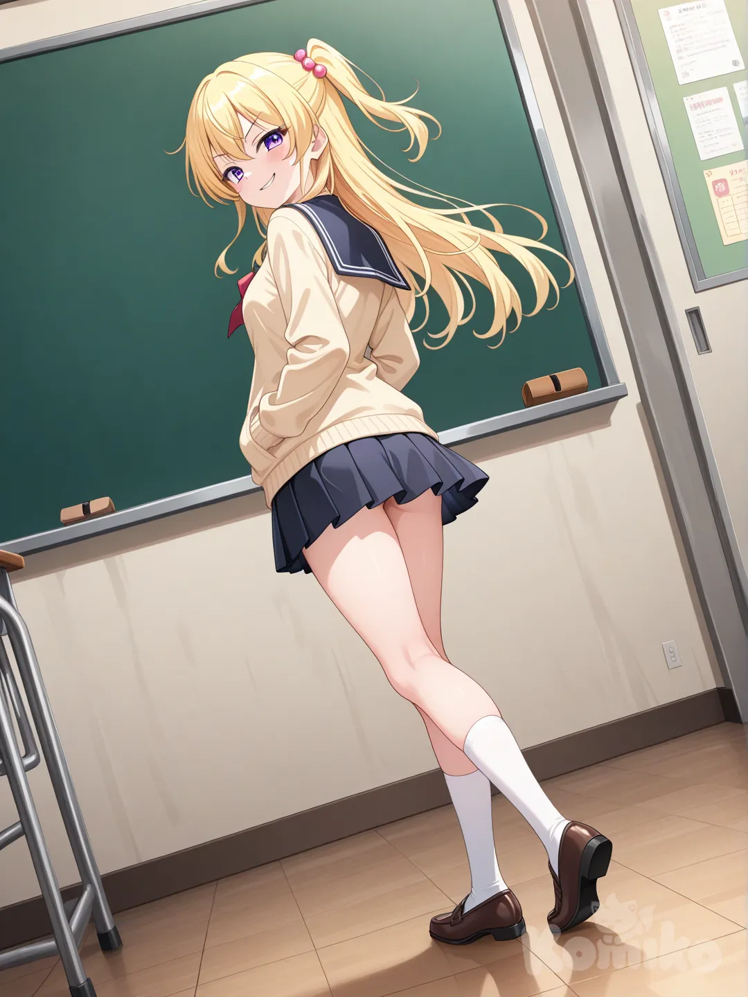 @Momo_Ayase , anime screen cap, looking back, smirk, confident, full body, school, dutch angle