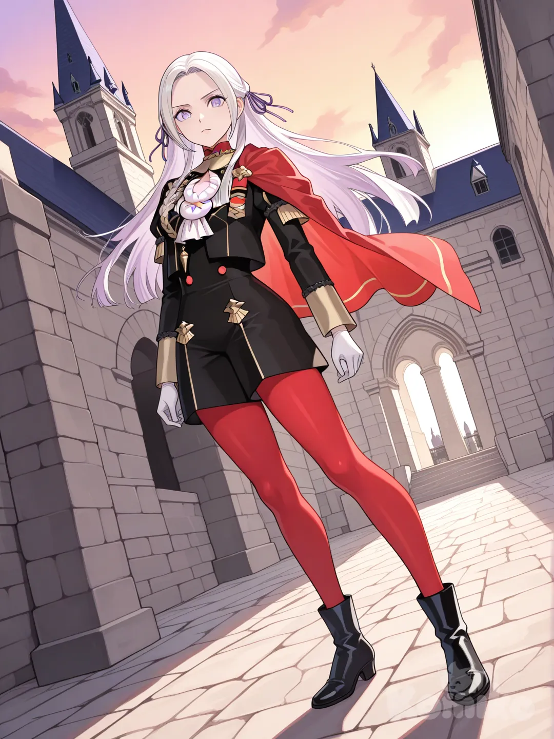 edelgard von hresvelg, fire emblem three houses, 1girl, purple eyes, long hair, white hair, hair ribbon, purple ribbon, garreg mach monastery uniform, red cape, castle, outside, confident pose, full body, looking at viewer