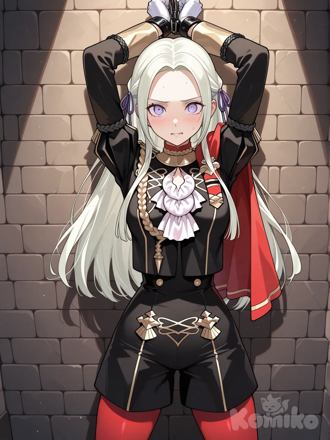 edelgard von hresvelg, fire emblem three houses, 1girl, purple eyes, long hair, white hair, hair ribbon, purple ribbon, garreg mach monastery uniform, red tights, red cape, slim, small round boobs, dungeon cell, ambient lighting, restrained to wall, standing, hands above head, legs spread, looking at viewer, scared, close up view