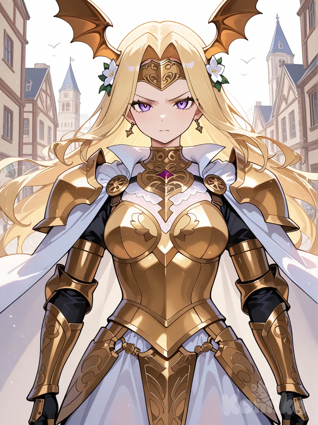 seiros, head wings, white cape, gold armor, forehead protector, yellow hair, hair flowers, gauntlets, white dress, confident pose, glaring, looking at viewer, Outside