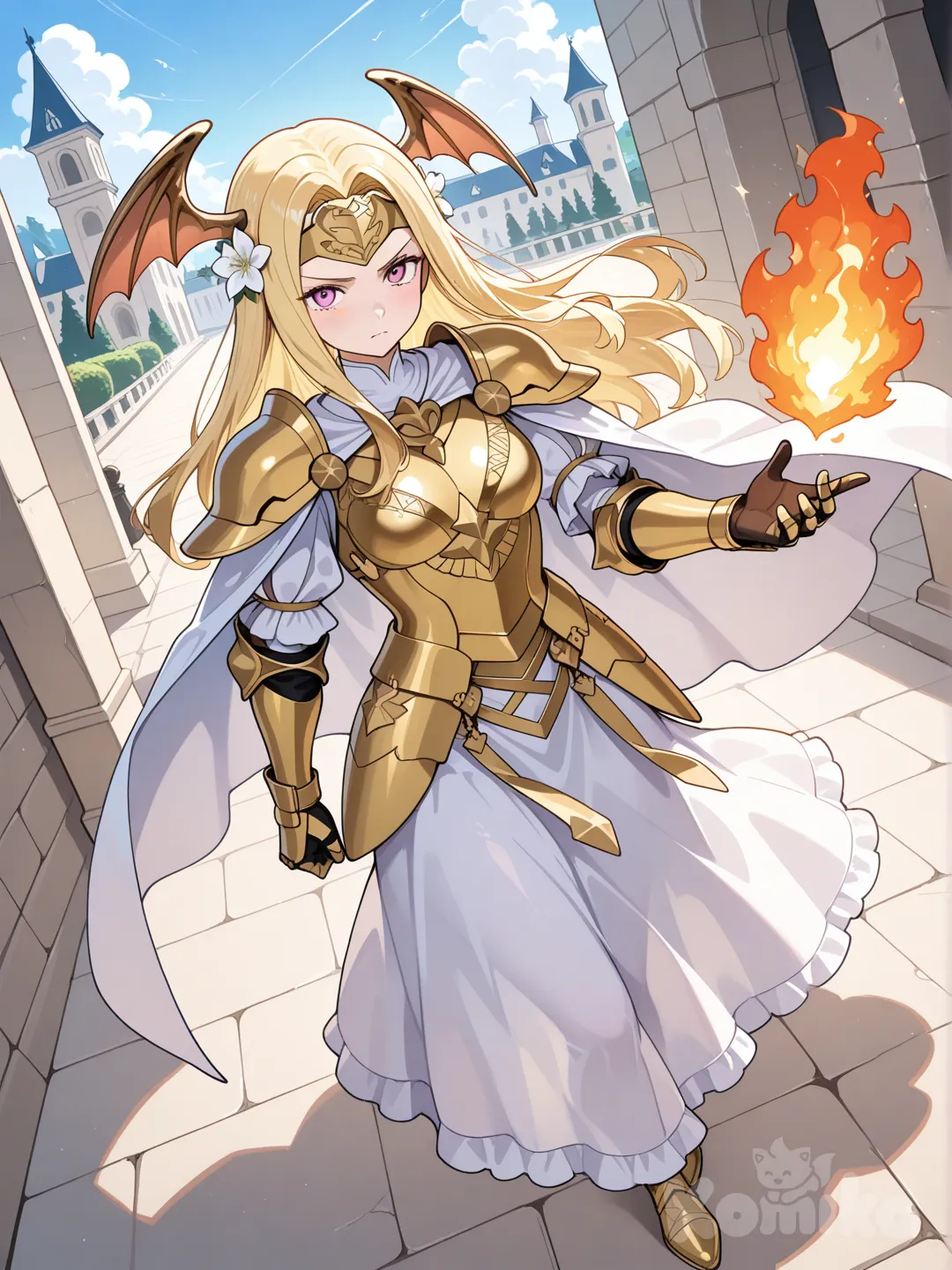 seiros, fire emblem three house, head wings, white cape, gold armor, forehead protector, yellow hair, hair flowers, gauntlets, white dress, confident pose, glaring, looking at viewer, full body view, Outside