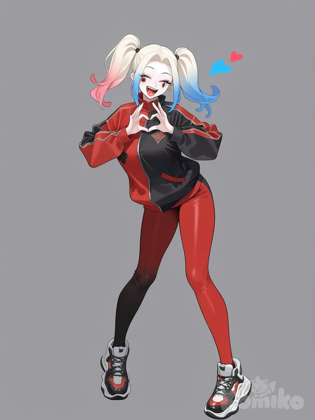 1girl, Harley Quinn, heart hands, laughing, full body, waving