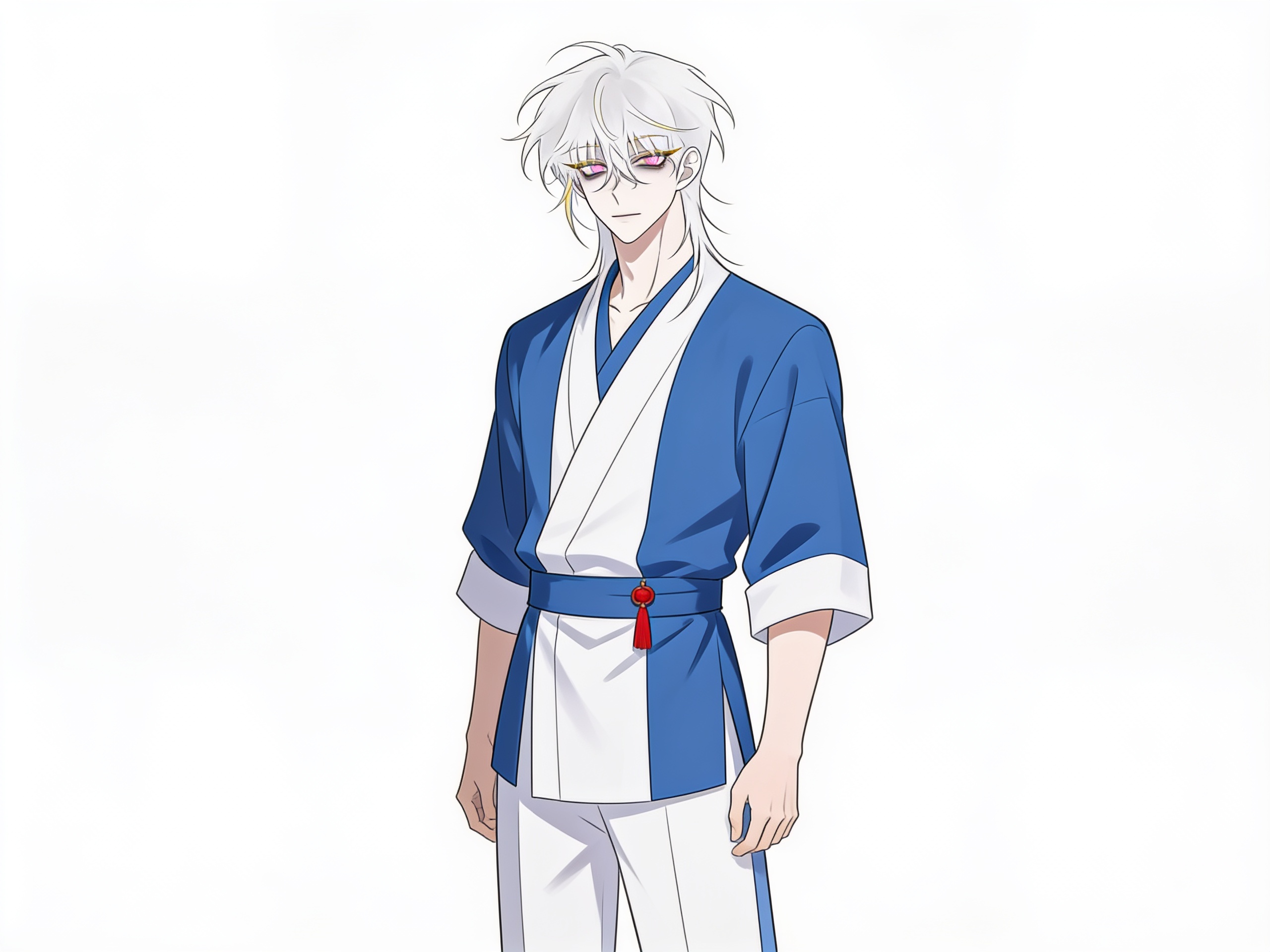 1boy, yousef, white hair, slightly long hair, messy hair, hair over forehead, hair over cheek, pale skin, pale golden eyebrows, pale golden eyelashes, white eyes, pink accents in eyes, calm expression, blue and white outfit, small red accessory, single character, full body, looking at viewer, anime style, simple background, white background, anime style