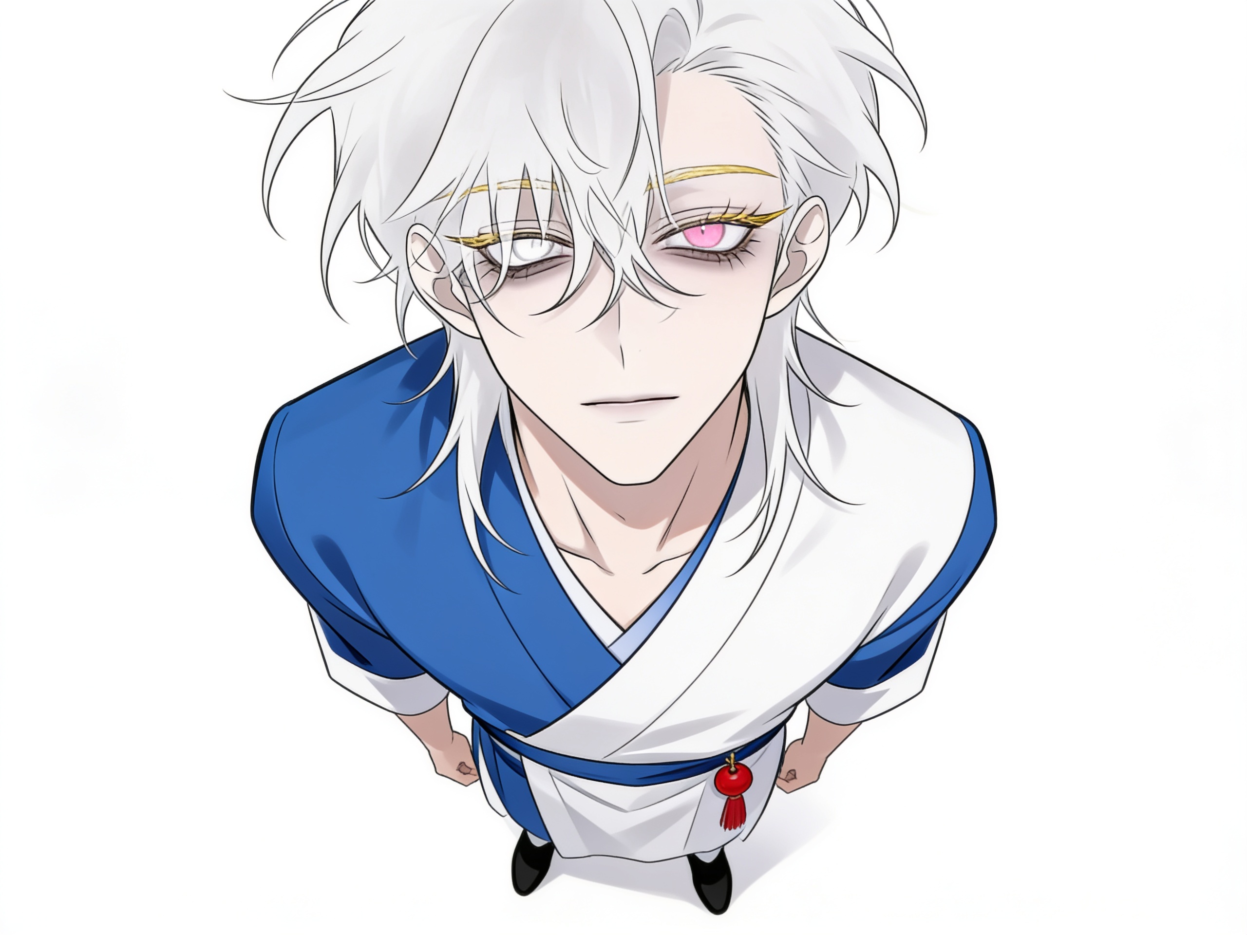 1boy, yousef, white hair, slightly long hair, messy hair, hair over forehead, hair over cheek, pale skin, pale golden eyebrows, pale golden eyelashes, white eyes, pink accents in eyes, calm expression, blue and white outfit, small red accessory, single character, full body, looking at viewer, anime style, simple background, white background, anime style
