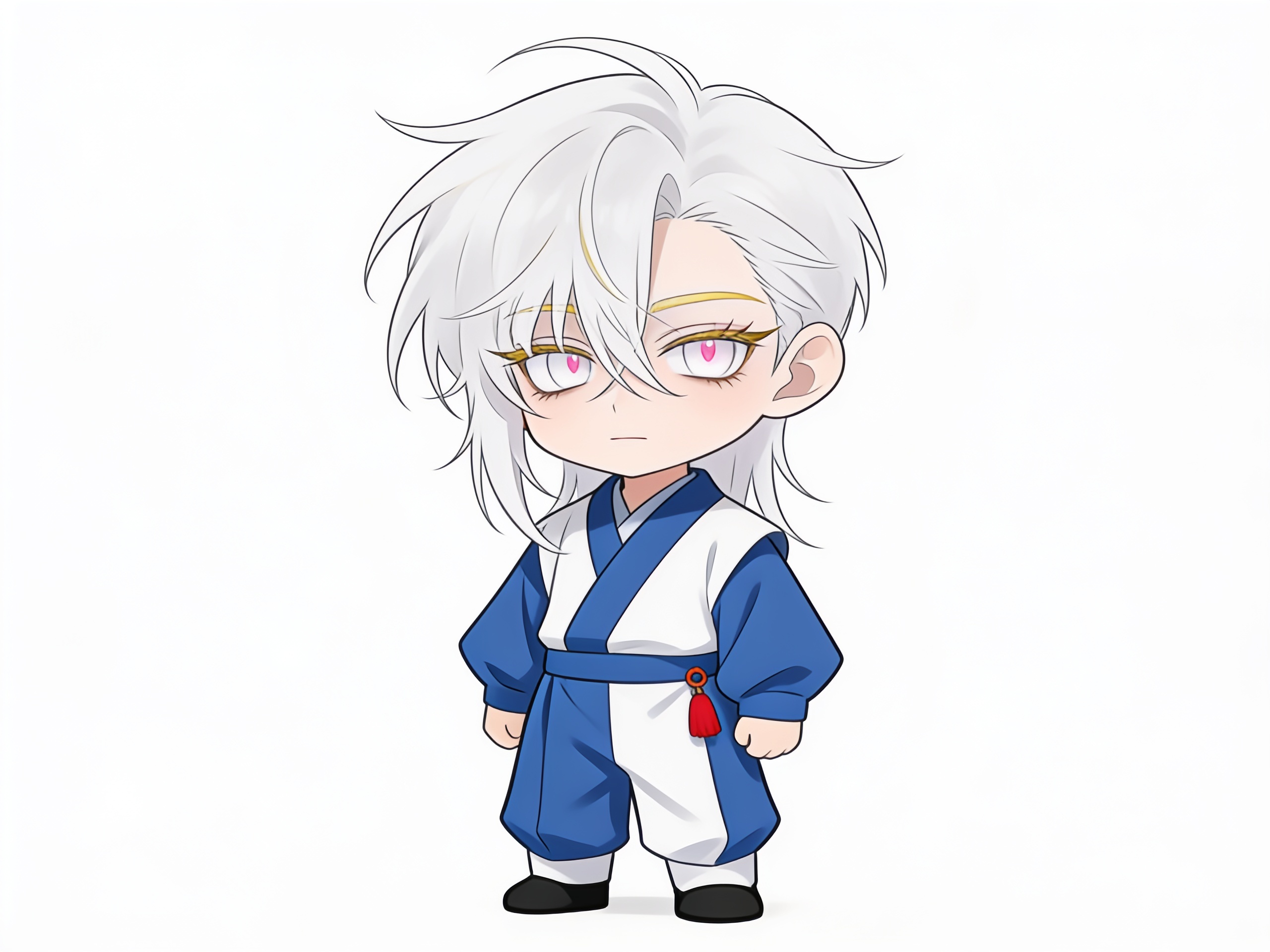 1boy, yousef, white hair, slightly long hair, messy hair, hair over forehead, hair over cheek, pale skin, pale golden eyebrows, pale golden eyelashes, white eyes, pink accents in eyes, calm expression, blue and white outfit, small red accessory, single character, full body, looking at viewer, anime style, simple background, white background, anime style