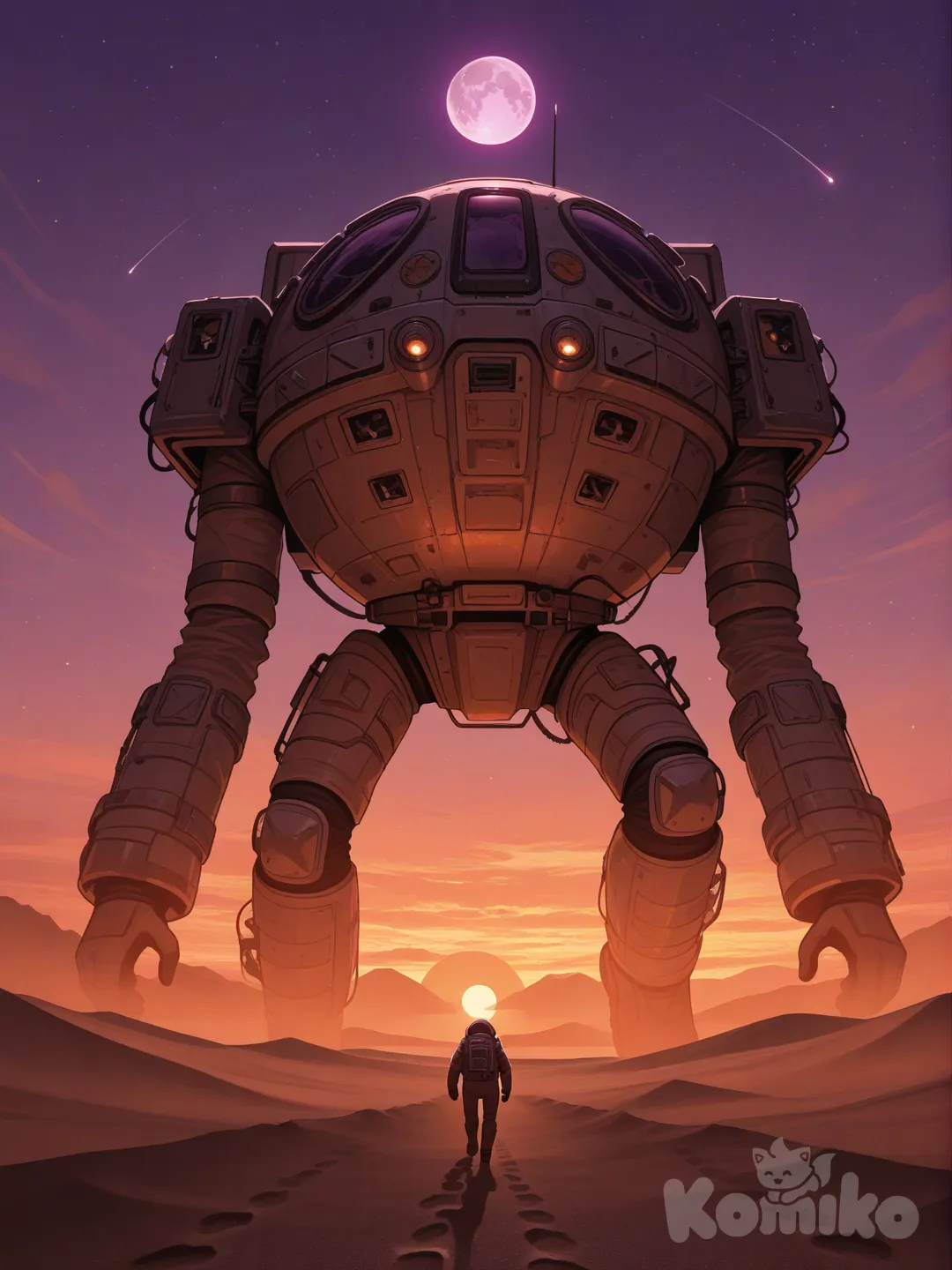 A lone astronaut walks across a vast alien desert at sunset, twin moons rising behind jagged mountains. The camera follows in a slow, cinematic tracking shot. Dust swirls around the astronaut’s boots. The atmosphere glows with neon colors, and a massive ancient structure emerges from the haze. High-detail textures, dramatic lighting, volumetric fog, and immersive sound design cues. 8–12 seconds, cinematic film style.