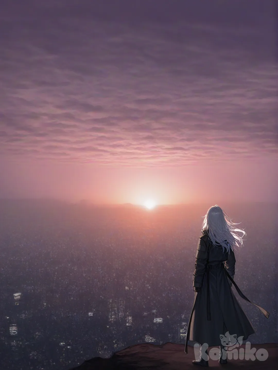 A cinematic ultra-realistic scene of a lone figure standing on a cliff at dawn, overlooking a vast futuristic city partially covered in mist. Neon lights glow softly through the fog, blending with warm sunrise colors. The character wears a long flowing coat, hair moving in the wind, conveying quiet determination. Highly environment, dramatic lighting, depth of field, volumetric fog, 8K resolution, photorealistic, cinematic composition, sharp focus, epic atmosphere., [soft-light-illustration-style]