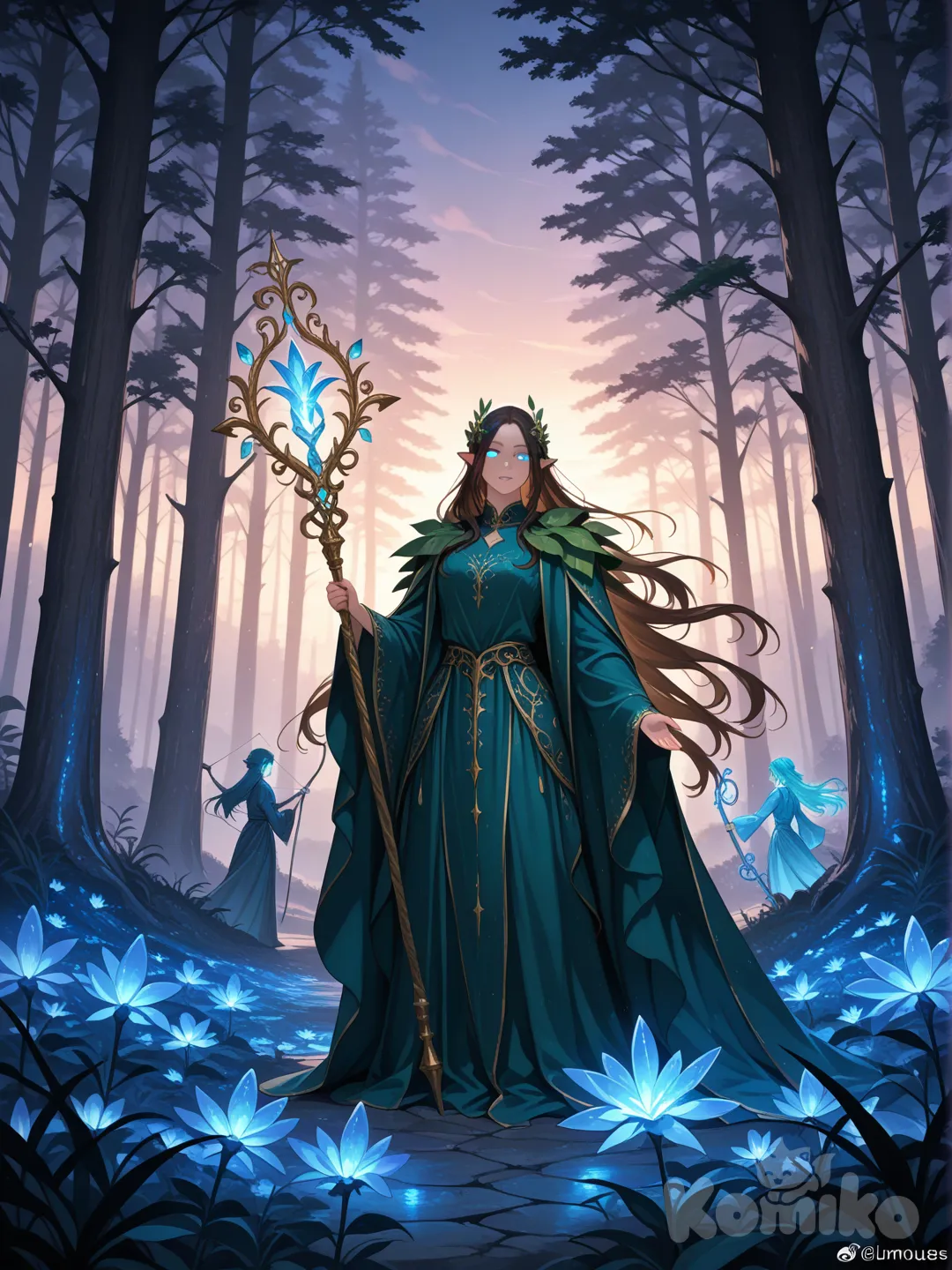 High-fantasy scene of graceful elves in an ancient enchanted forest at twilight. Tall, elegant elves with luminous eyes and delicate, angular features wear flowing embroidered robes and leaf-inspired armor. Soft bioluminescent plants glow around them, mist drifting between massive ancient trees. One elf holds a glowing crystal staff, another draws an ornate bow. Cinematic lighting, magical atmosphere, ultra-realistic fantasy art style, shallow depth of field, vibrant yet ethereal color palette, quality.