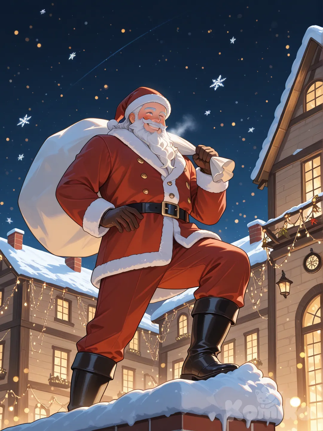 A warm, cinematic illustration of Santa Claus on Christmas Eve, wearing a classic red velvet suit with white fur trim, a long flowing white beard, and rosy cheeks. Santa is smiling kindly while holding a sack of gifts over his shoulder. Snow is gently falling, glowing softly in golden holiday lights. A cozy winter village with decorated houses and lit windows in the background. Ultra-realistic textures, soft lighting, shallow depth of field, magical atmosphere, high resolution, festive holiday mood.