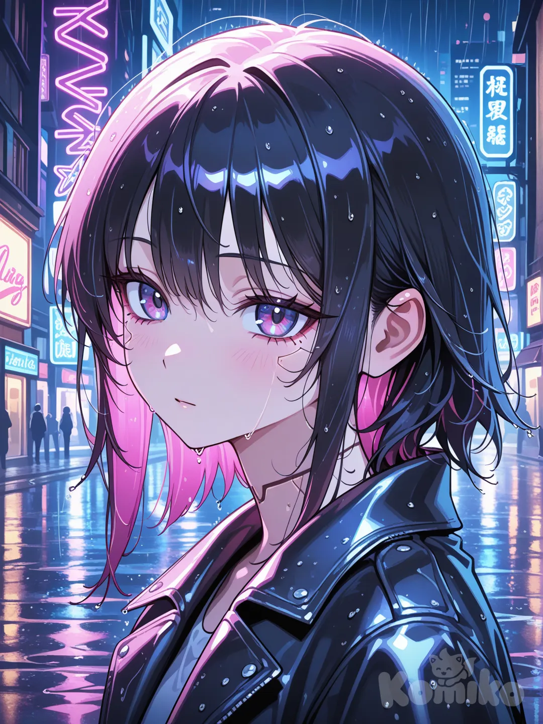 A portrait of a young woman standing in a rainy city at night, wearing a black leather jacket with neon reflections on the fabric. Soft cinematic lighting, shallow depth of field, moody cyberpunk atmosphere, ultra-.