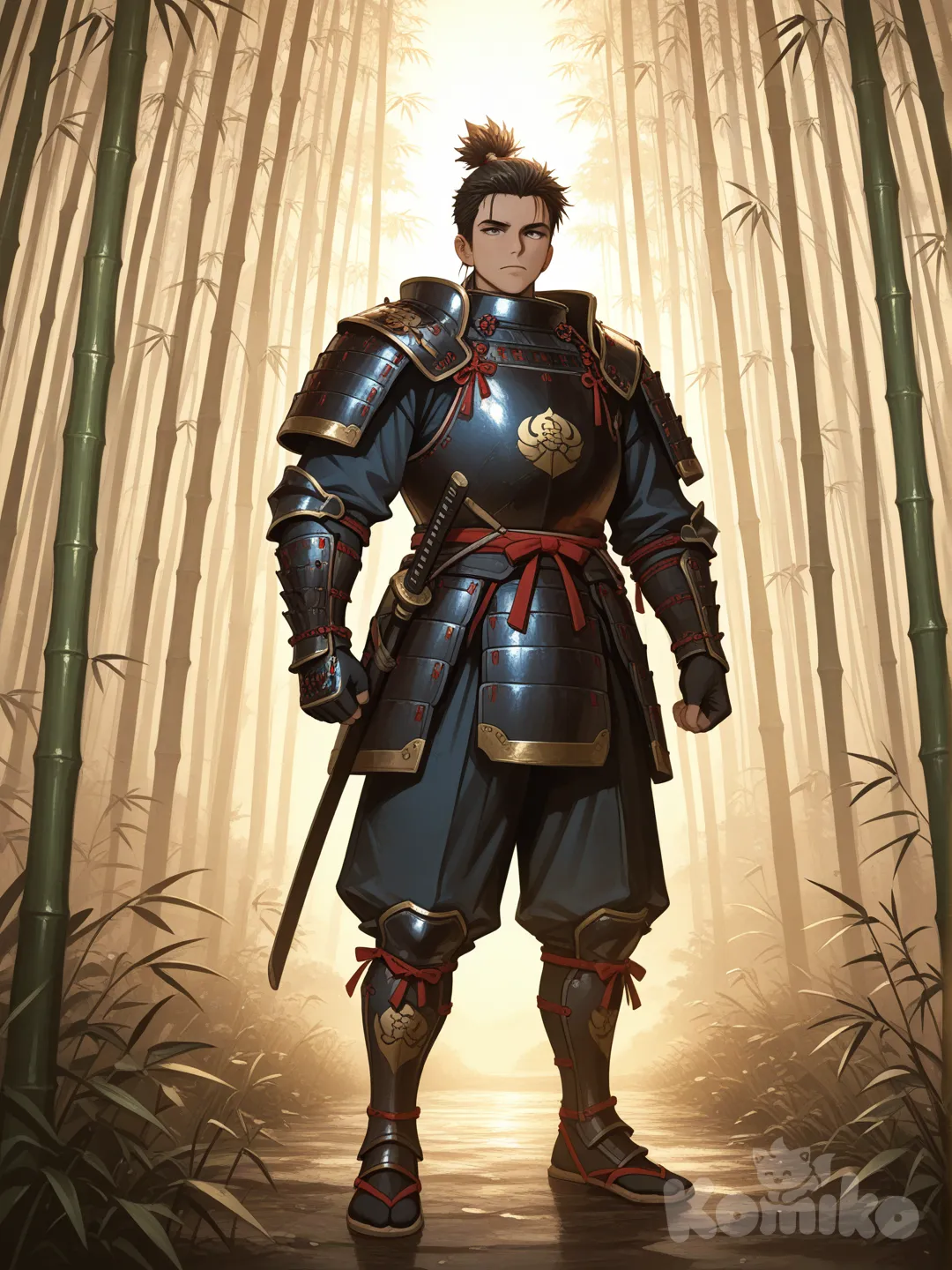 A lone samurai standing in a misty bamboo forest at dawn, traditional armor with subtle wear, cinematic lighting, dramatic atmosphere, digital painting, rich brush strokes, moody color palette, ultra-concept art, .