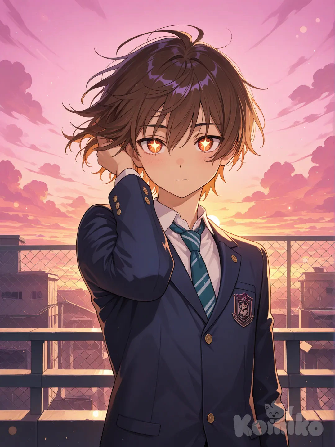 A anime-style illustration of a calm teenage hero standing on a rooftop at sunset, soft wind blowing through their hair, wearing a modern school uniform with subtle futuristic accents. Warm orange and pink sky with drifting clouds, cinematic lighting, expressive eyes, clean line art, vibrant colors, shallow depth of field, high detail, studio-quality anime art
