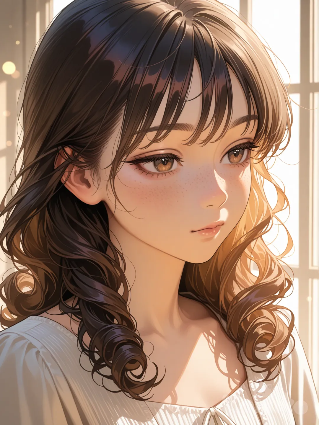 A highly portrait of a young woman with curly hair and freckles, wearing a linen dress. Soft natural window light, warm tones, calm and thoughtful mood. Photorealistic style, 85mm lens look, shallow depth of field, ultra-high resolution.