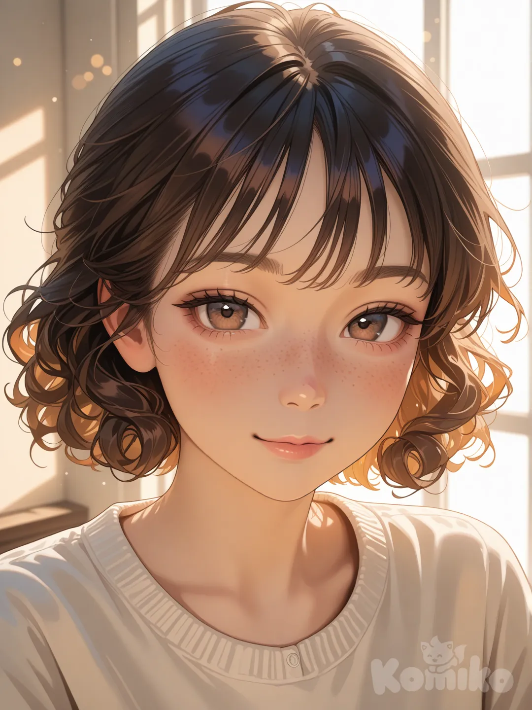 A close-up portrait of a young woman with freckles and curly hair, soft natural window light, shallow depth of field, realistic photography style, warm tones, calm and confident expression, ultra-.