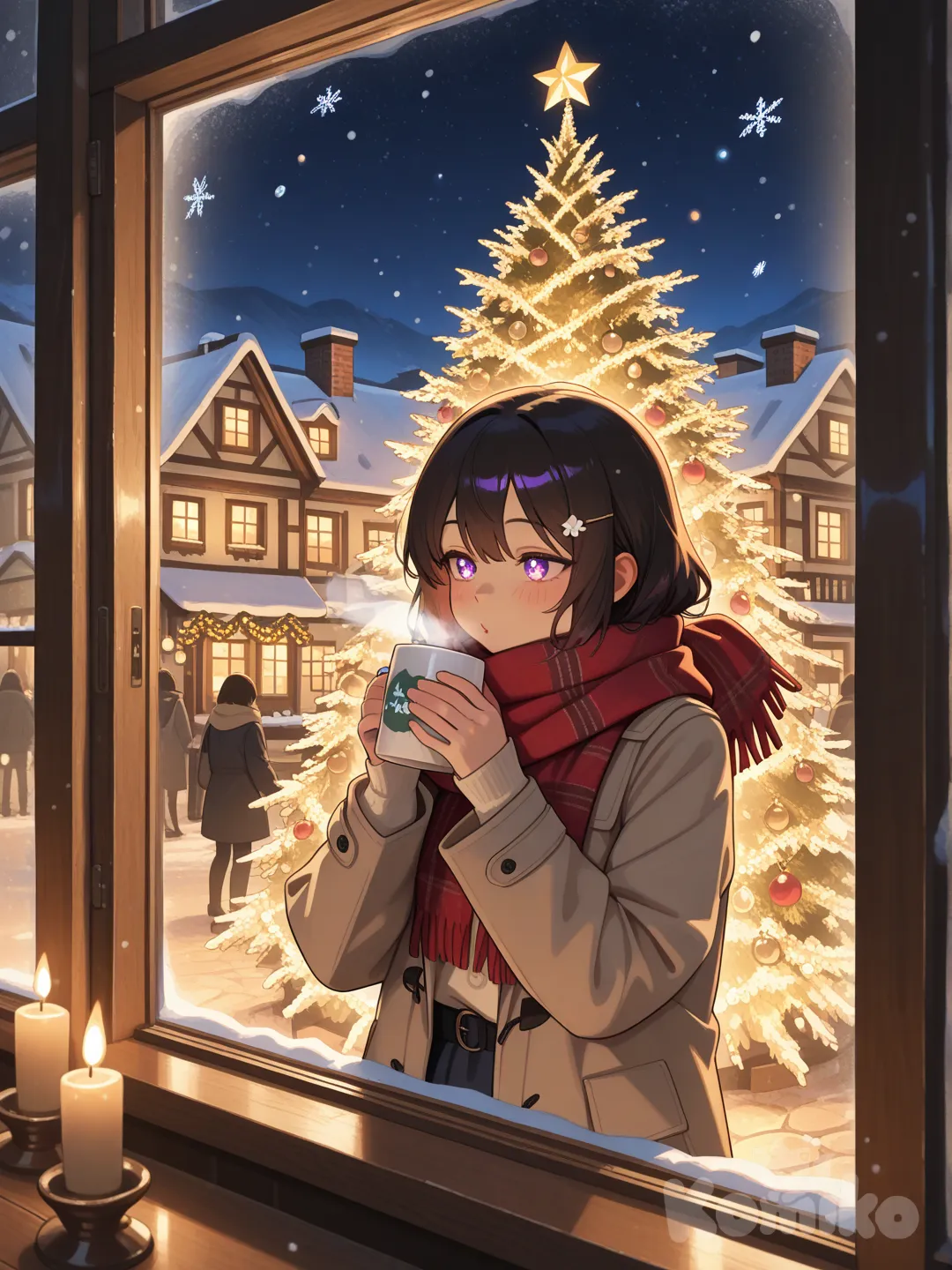 A magical Christmas evening in a snow-covered village, warm golden lights glowing from cozy cottages, a towering decorated Christmas tree in the town square wrapped in twinkling lights and ornaments, gentle snowflakes falling through the air, people bundled in scarves and coats sipping hot cocoa, soft candlelight in windows, wreaths and garlands adorning doors, a star-filled night sky, cinematic lighting, ultra-realistic textures, festive and heartwarming atmosphere, shallow depth of field, high resolution