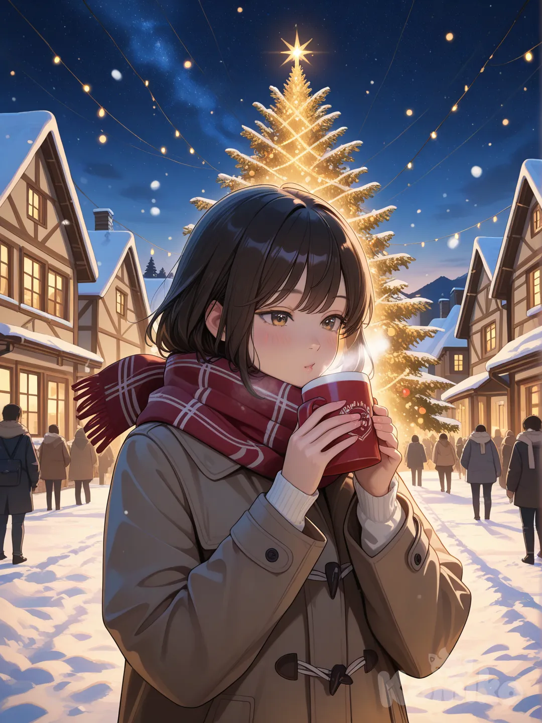 A magical Christmas evening in a snow-covered village, warm golden lights glowing from cozy cottages, a towering decorated Christmas tree in the town square wrapped in twinkling lights and ornaments, gentle snowflakes falling through the air, people bundled in scarves and coats sipping hot cocoa, soft candlelight in windows, wreaths and garlands adorning doors, a star-filled night sky, cinematic lighting, ultra-realistic textures, festive and heartwarming atmosphere, shallow depth of field, high resolution