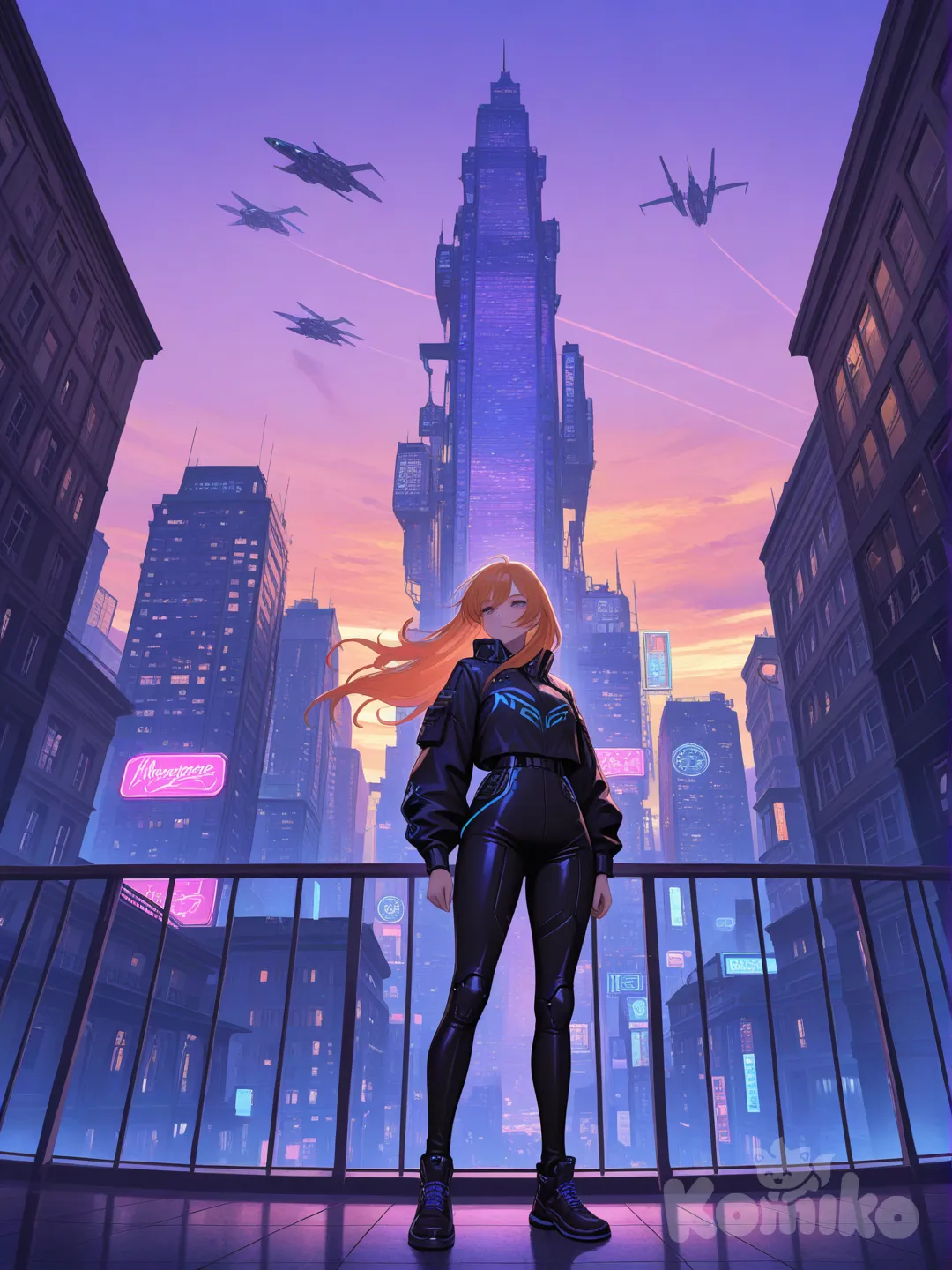 A highly cinematic scene of a futuristic city at sunset, with towering glass skyscrapers reflecting warm orange and purple skies. Neon lights glow along flying vehicles moving through the air. In the foreground, a lone figure in a sleek, modern outfit stands on a rooftop, wind blowing through their hair, looking over the city. Ultra-realistic lighting, dramatic perspective, shallow depth of field, 8K resolution, concept art style, epic and atmospheric.