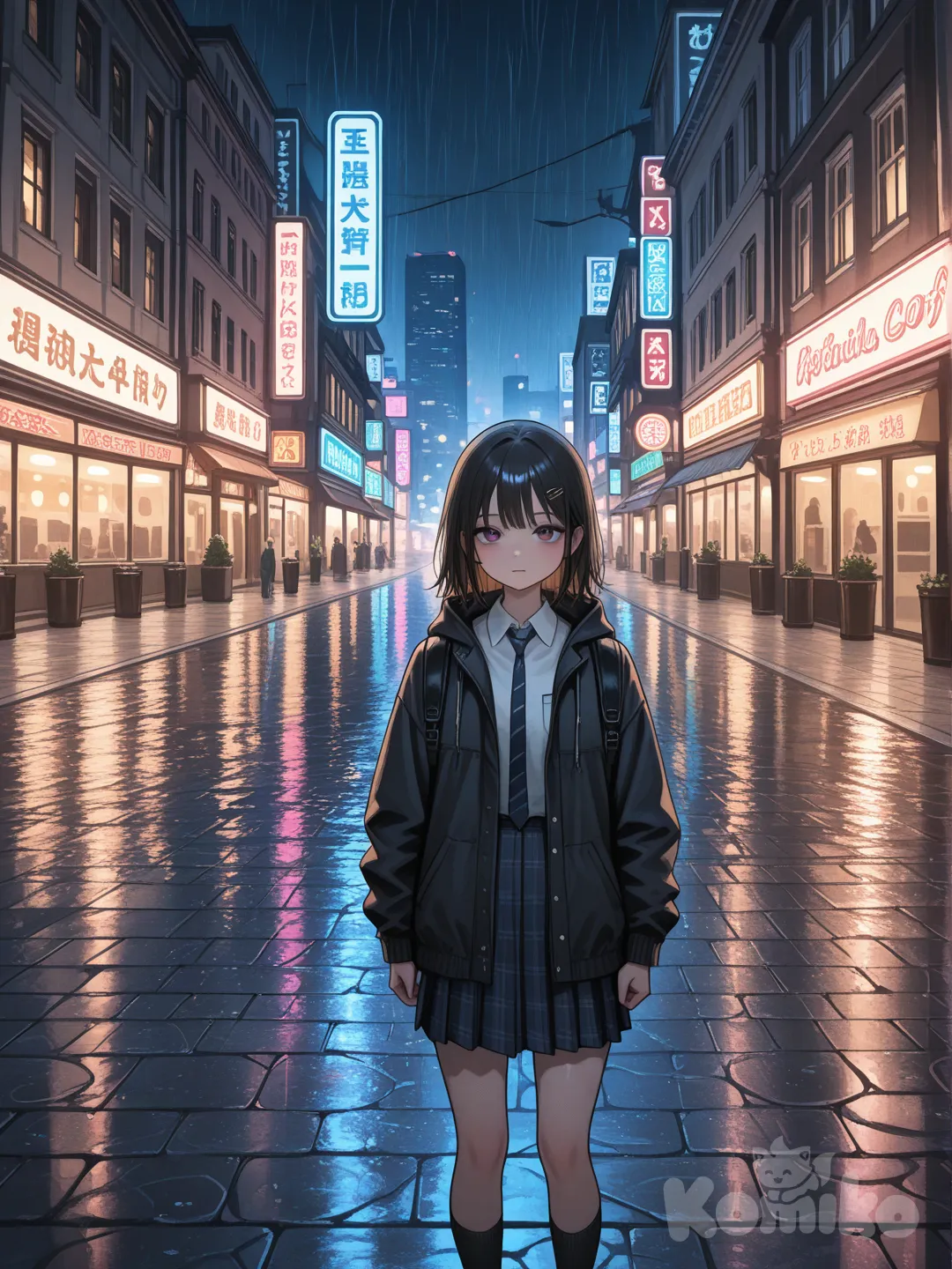 Ultra-realistic photograph of a young woman standing on a rainy city street at night, neon lights reflecting on the wet pavement, cinematic lighting, shallow depth of field, 85mm lens, f/1.8, soft bokeh, natural skin texture, high detail, moody atmosphere, professional photography, 8K resolution.
